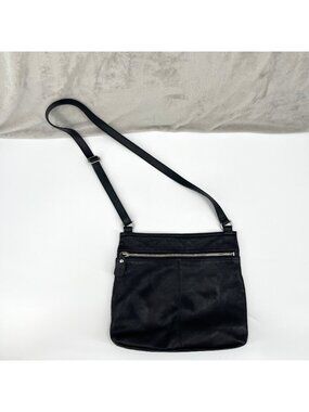 Margot Lorna Black Leather Slim Rectangle Crossbody Bag Purse Silver Hardware